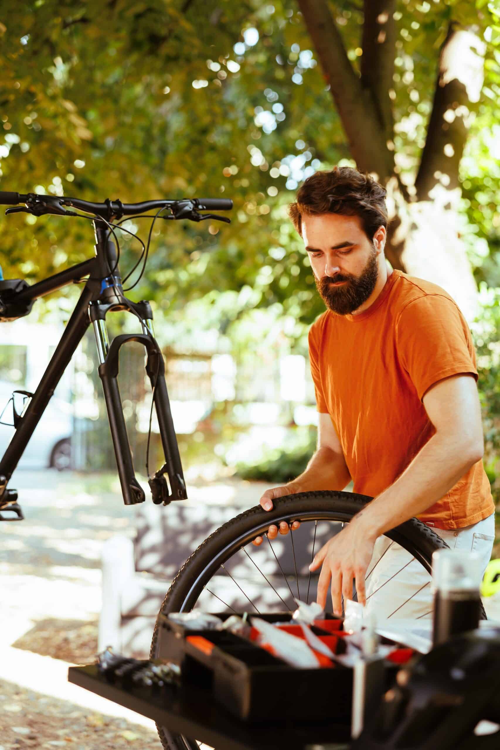 56103788 man replacing damaged bicycle wheel